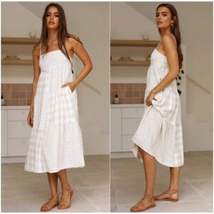 Billy J‎ Teona Linen Midi Dress in Beige Check